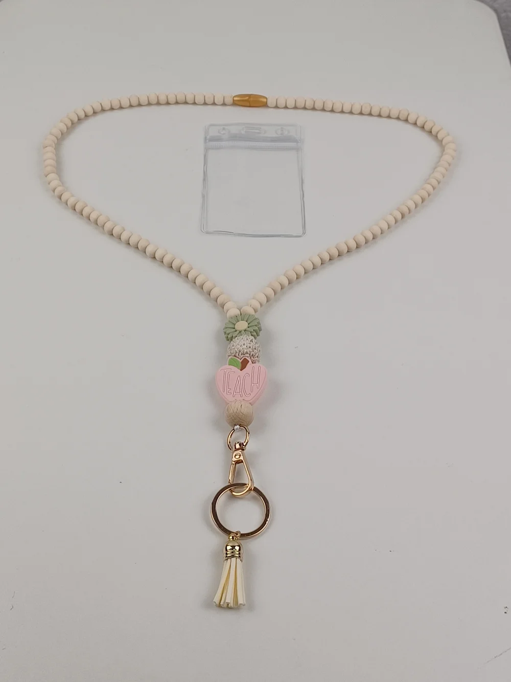 Teacher Peach Beaded Lanyard Key & Card Holder - Pink Green Flowers and Cream